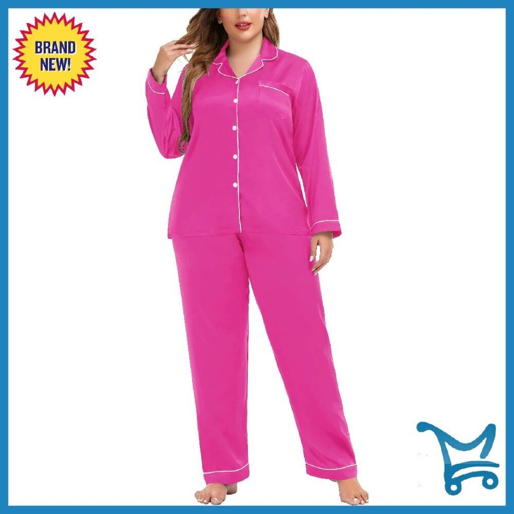 Plus Size Satin Pajama Set Long Sleeve Button Down Sleepwear Loungewear